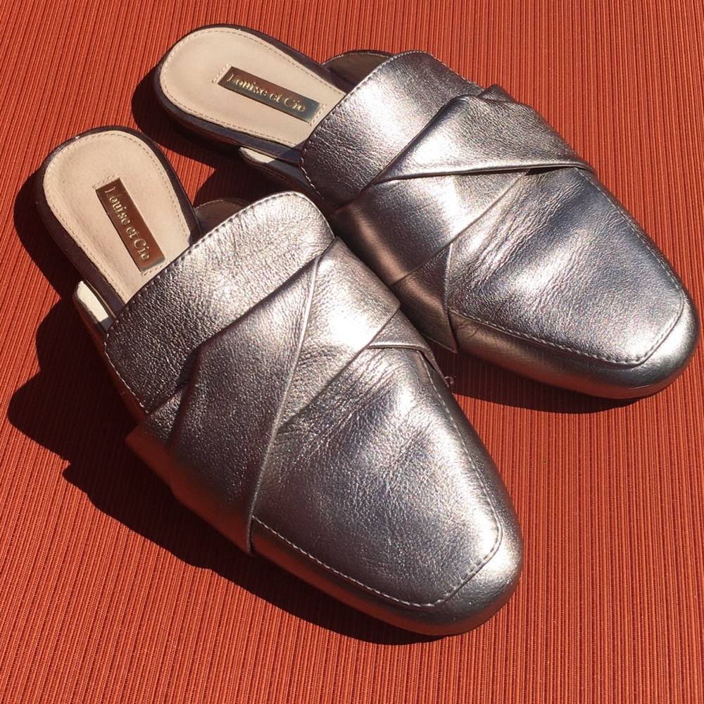 Louise et Cie Metallic Champagne Silver Leather Slides Mules
